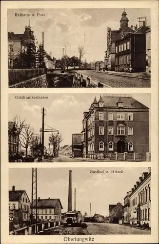 Ak Oberlungwitz in Sachsen, Rathaus und Post, Krankenhaus, Gasthof Zum Hirsch