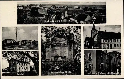 Ak Geroldshausen Unterfranken, Muschelkalksteinwerke, Bahnhof, Handlung Heunisch, Kriegerdenkmal