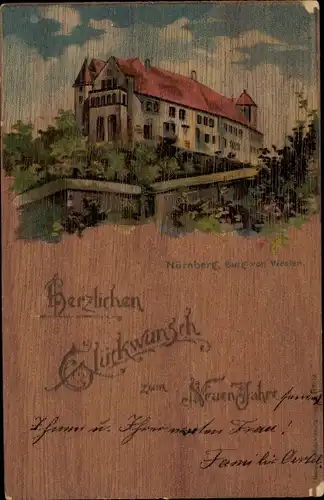 Litho Nürnberg in Mittelfranken, Burg von Westen, Glückwunsch Neujahr
