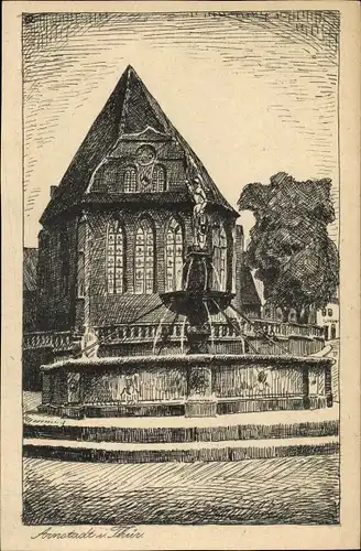 Künstler Ak Arnstadt in Thüringen, Hopfenbrunnen mit Bonifaziuskirche