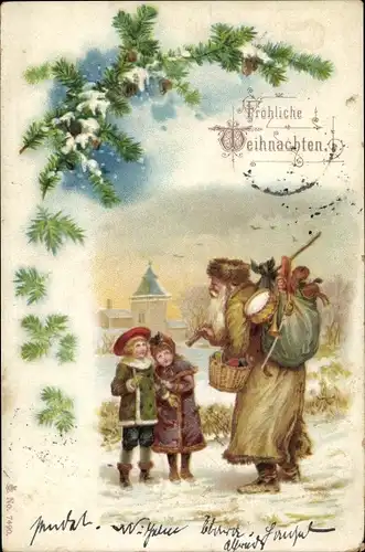 Litho Frohe Weihnachten, Weihnachtsmann mit Geschenken, Kinder