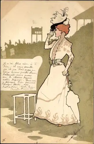 Ak Frau mit Fernglas, Pferderennsport, Weißes Kleid