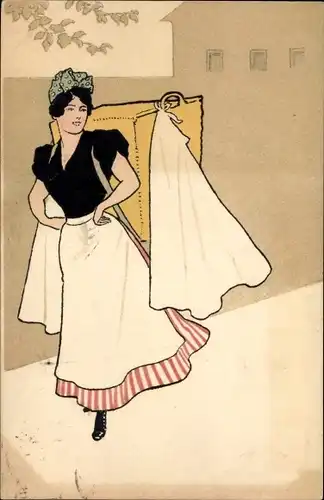 Ak Junge Frau mit Wäschekorb, Rock, Wäsche