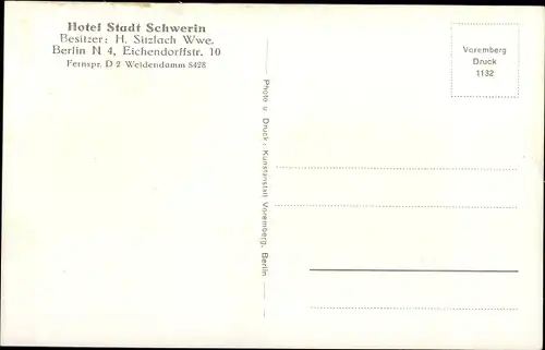 Ak Berlin, Hotel Stadt Schwerin am Stettiner Bahnhof, Eichendorffstraße 10