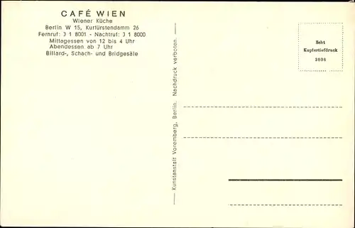 Ak Berlin Charlottenburg, Saal im Café Wien, Kurfürstendamm 26