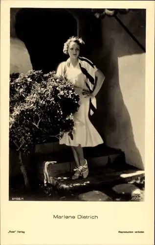 Ak Schauspielerin Marlene Dietrich, Portrait, Treppe, Baum