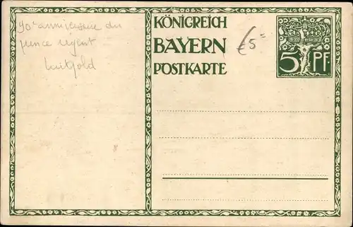 Ganzsachen Künstler Ak Diez, M., Prinzregent Luitpold von Bayern 1911, 5 Pfennig