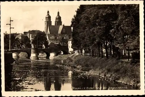 Ak Plauen im Vogtland, Elster Idyll mit Johanniskirche, Brücke