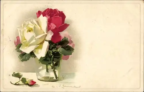 Künstler Ak Catharina Klein, Rote und weiße Rosen in Vase, Meissner & Buch 2232