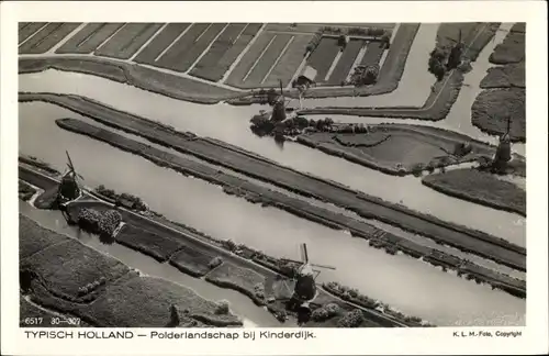 Ak Kinderdijk Molenwaard Südholland Niederlande, Polderlandschap, Fliegeraufnahme