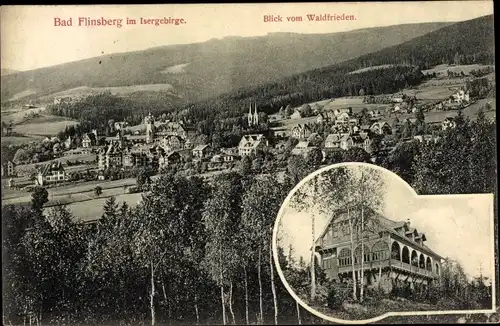 Ak Świeradów Zdrój Bad Flinsberg Schlesien, Blick vom Waldfrieden auf den Ort, Isergebirge