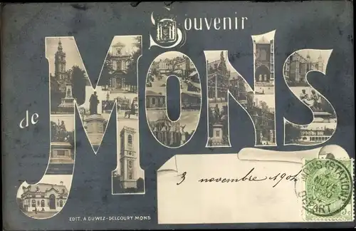 Buchstaben Ak Mons Wallonien Hennegau, Detailansichten, Kirche, Denkmal, Rathaus