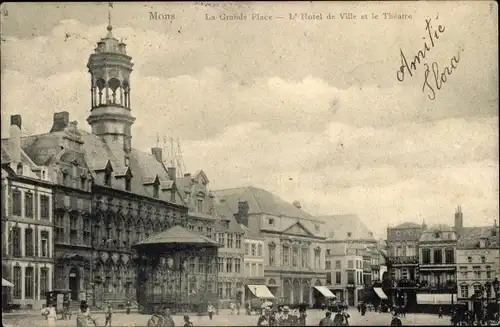 Ak Mons Wallonien Hennegau, La Grande Place, l'Hôtel de Ville et le Théâtre