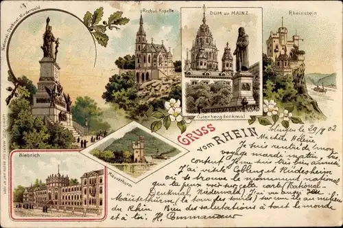 Litho Mainz am Rhein, Dom, Gutenbergdenkmal, Rochus Kapelle, Rheinstein, Biebrich, Rheinstein