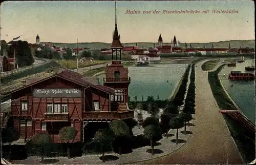 Ak Mainz am Rhein, Eisenbahnbrücke mit Winterhafen