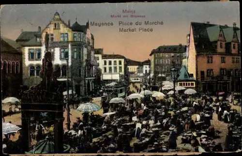 Ak Mainz am Rhein, Markt mit Brunnen, Straßenszene