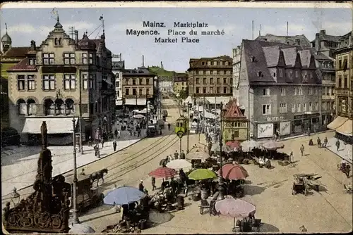Ak Mainz Rheinland Pfalz, Blick auf den Marktplatz, Sonnenschirme, Straßenbahn, Straßenszene