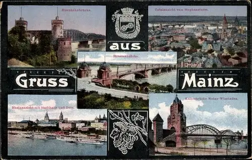 Ak Mainz Rheinland Pfalz, Wappen, Eisenbahnbrücke, Totalansicht, Stadthalle, Dom