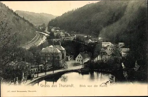 Ak Tharandt im Erzgebirge, Blick von der Ruine, Badeteich