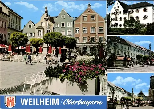 Ak Weilheim Oberbayern, Platz, Denkmal, Gebäude Außenansicht