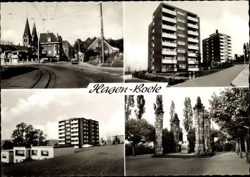 Ak Boele Hagen in Westfalen Ruhrgebiet, Hochhäuser, Bungalows, Denkmal, Kirchturm