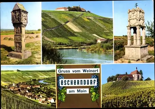 Ak Escherndorf Volkach in Unterfranken, Kapelle, Denkmal, Weinberg, Fluss