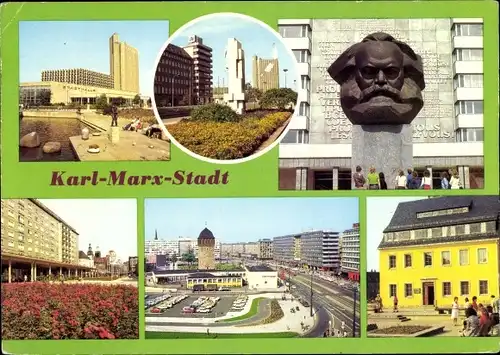 Ak Karl Marx Stadt Chemnitz in Sachsen, Karl-Marx-Monument, Blick vom Rosenhof zum Rathaus