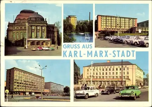 Ak Karl Marx Stadt Chemnitz in Sachsen, Opernhaus, Schlossteich, Interhotel Moskau, Brückenstraße