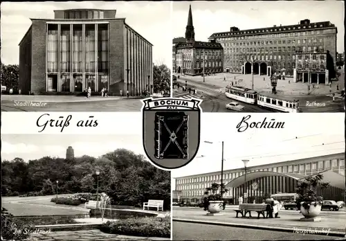 Ak Bochum im Ruhrgebiet, Stadttheater, Wappen, Rathaus, Straßenbahn, Stadtpark, Hauptbahnhof