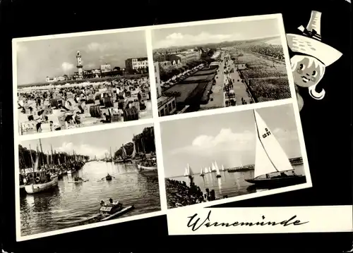 Ak Ostseebad Warnemünde Rostock, Leuchtturm, Strand, Promenade, Alter Strom, Boote