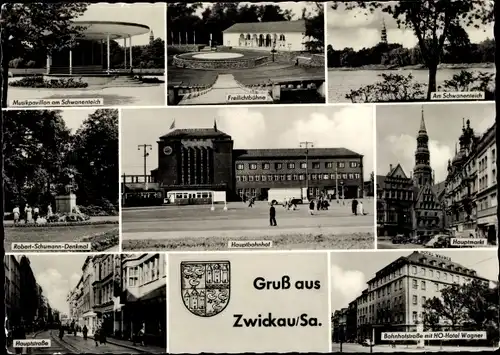 Ak Zwickau in Sachsen, Musikpavillon, Freilichtbühne, Schwanenteich, Denkmal, Hauptbahnhof, Markt