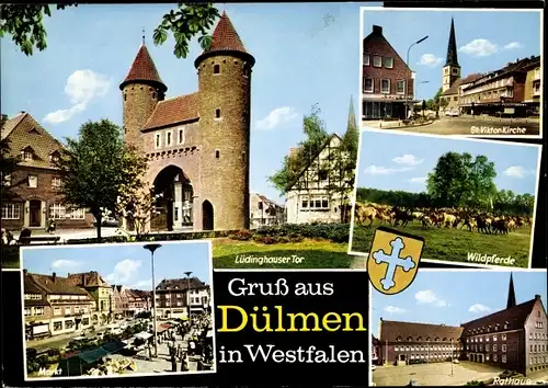 Ak Dülmen im Münsterland Westfalen, Lüdinghauser Tor, St. Viktor-Kirche, Wildpferde, Rathaus