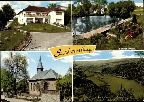 Ak Sachsenberg Lichtenfels Hessen, Privatpension Mauritz, Schwanenteich Ev. Kirche, Nuhnetal