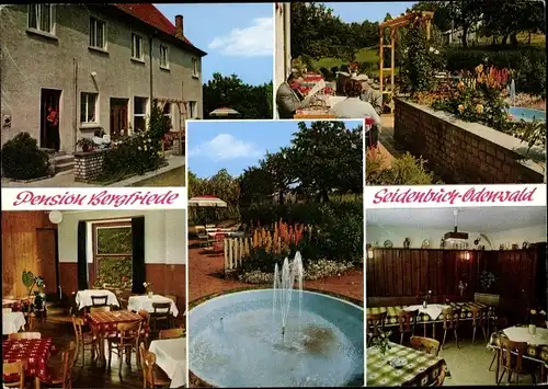 Ak Seidenbuch Lindenfels Odenwald, Gasthaus Bergfriede, Außenansicht, Fontäne, Speiseraum