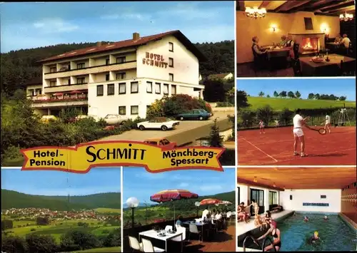 Ak Mönchberg im Spessart, Hotel Schmitt, Außenansicht, Schwimmbad, Tennisplatz, Terrasse