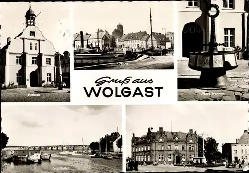 Ak Wolgast in Mecklenburg Vorpommern, Segelhafen, Rathaus, Hafen, Marktbrunnen, Postamt