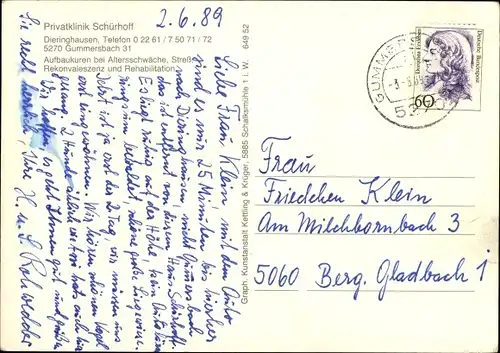 Ak Dieringhausen Gummersbach im Oberbergischen Kreis, Privatklinik Schürhoff, Außenansicht