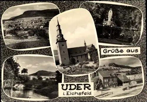 Ak Uder im Eichsfeld Thüringen, Panorama, Maria Statue, Kirche, Straßenpartie