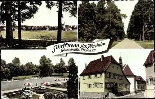 Ak Schellbronn Neuhausen im Enzkreis, Panorama, Landstraße, Freibad, Gebäude