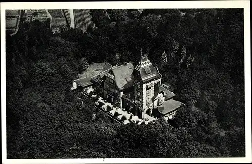 Ak Hof an der Saale Oberfranken Bayern, Restaurant und Cafe Theresienstein, Fliegeraufnahme