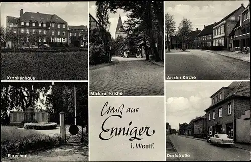 Ak Enniger Ennigerloh in Westfalen, Blick zur Kirche, Krankenhaus, Dorfstraße, Ehrenmal