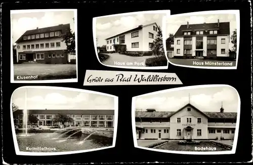 Ak Bad Waldliesborn Lippstadt, Haus Münsterland, Klusenhof, Haus am Park, Badehaus, Kurmittelhaus