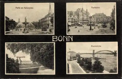 Ak Bonn am Rhein, Partie am Kaiserplatz, Marktplatz, Universität, Rheinbrücke