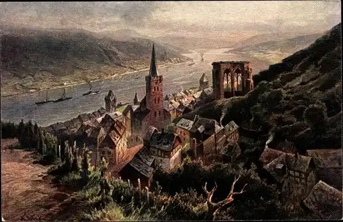 Künstler Ak Astudin, Bacharach am Rhein, Ort vom Berg gesehen, Ruine