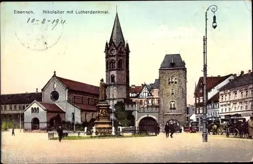 Ak Eisenach Thüringen, Nikolaitor mit Lutherdenkmal