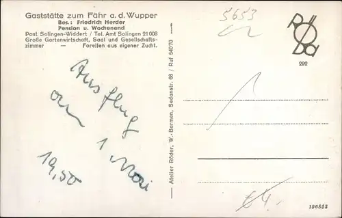 Ak Solingen in Nordrhein Westfalen, Gaststätte Fähr an der Wupper, Rüdenstein