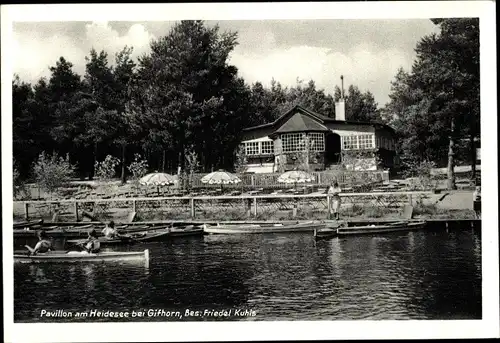 Ak Gifhorn in Niedersachsen, Kurhaus und Pavillon Am Heidesee, See, Boote