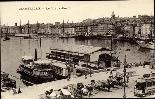 Ak Marseille Bouches du Rhône, le Vieux Port, Straßenbahn
