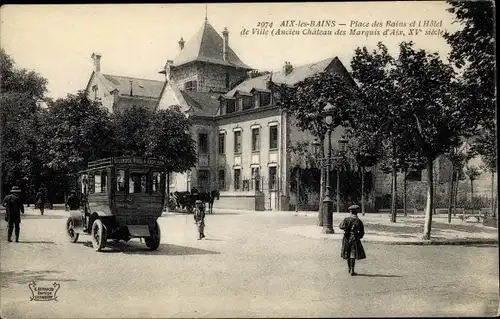 Ak Aix les Bains Savoie, Place des Bains et l'Hotel de Ville, Auto