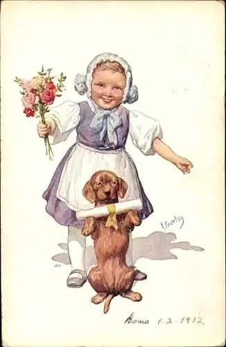 Künstler Ak Feiertag, Karl, Gratulanten, Mädchen, Dackel, Blumenstrauß, Geschenke